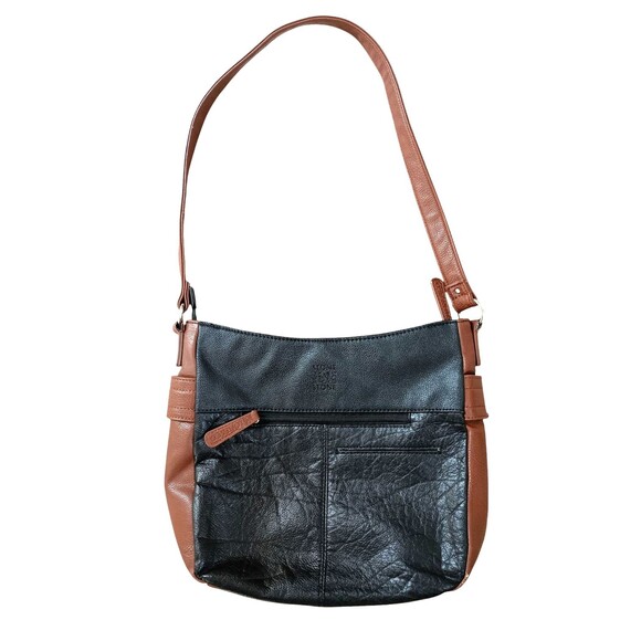 Stone and Co Shoulder Bag Black Brown Outside Zipper Pocket Faux Leather - Picture 4 of 10